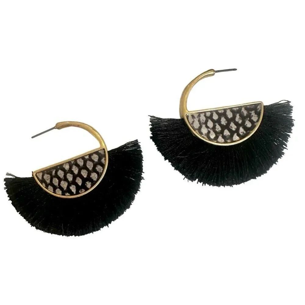 Half moon black and gold tone fringe earrings